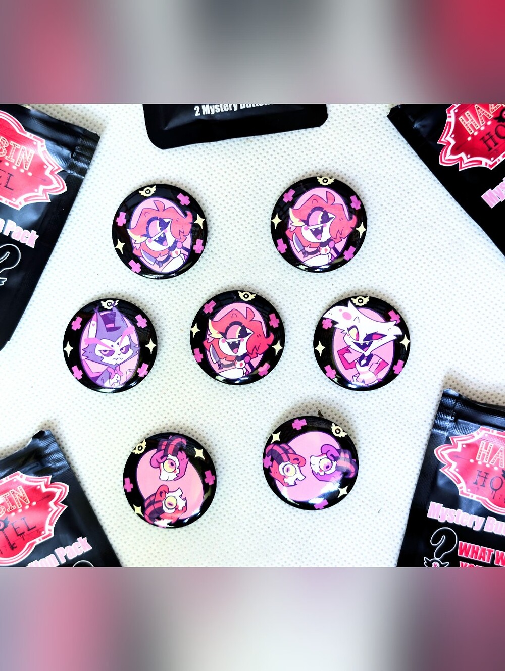 Lot Of 7 Hazbin Hotel Official Mystery Button Pins - Hot Topic Husk Angel Niffty